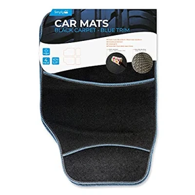 Image of Simply MR2000 Black Carpet Car Mats with Blue Trims Durable, Non Slip, Easy to Clean for long lasting protection includes x2 Front and Rear Universal Fit all Vehicles