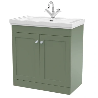 Image of Balterley Traditional Floor Standing 2 Door Vanity Unit with 1 Tap Hole Fireclay Basin, 800mm Satin Green