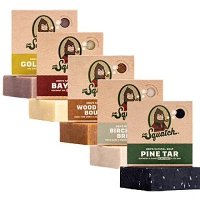 Image of Dr. Squatch All Natural Soap Bar for Men, 5 Variety Pack Bay Rum, Birchwood Breeze, Gold Moss, Pine Tar, Wood Barrel Bourbon
