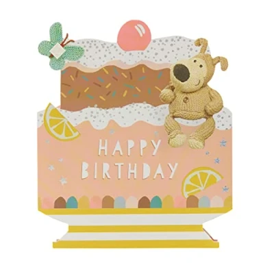 Image of Boofle Birthday Card Cute for Friend Her Happy Sat on Giant Cake