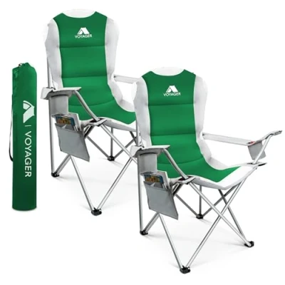 Image of Voyager 2 Pack Outdoor Camping Chair Set,120kg Capacity, 3.3kg Per Chair, Waterproof Folding Chairs with Cup Holder &amp; Side Pockets, Portable for Garden, Fishing, Picnic Travel Comfort
