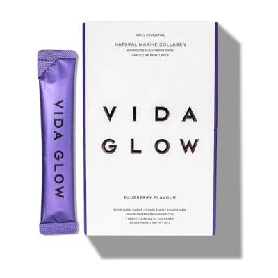 Image of Vida Glow Natural Hydrolysed Marine Collagen Sachets Promotes Glowing Skin + Smooths Fine Lines (Blueberry, 30 Sachets)