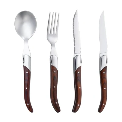 Image of Cutlery Sets Stainless Steel Western Steak Knife and Fork with Wooden Handle Spoon Set Brown