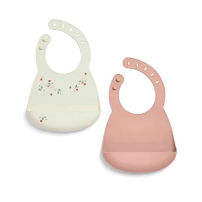 Image of Mamas &amp; Papas 2 Pack Waterproof Silicone Baby Bibs, Adjustable BPA Free Feeding Bibs with Large Pocket for Food Catching, Ideal Weaning 6 18 Months Floral Berry