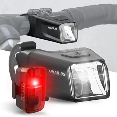 Image of Büchel Ahead Bicycle Light Set I 35/15 Lux Design Right in The Middle of Handlebar StVZO Approved Rechargeable LED for Front + Rear Light, Black