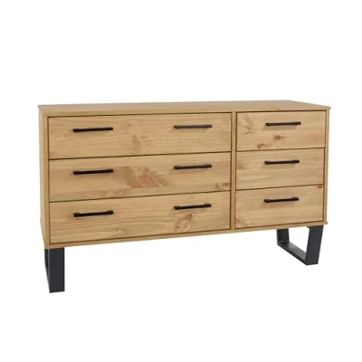 Image of Home Source 3+3 Wide Chest, Industrial Pine Bedroom Storage Organiser, 6 Drawer, Natural, Wood