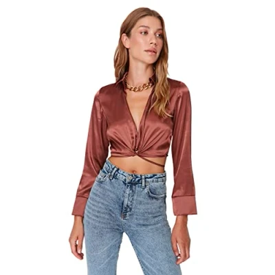 Image of Trendyol Women Fitted Basic Crew Neck Woven Blouse Brown