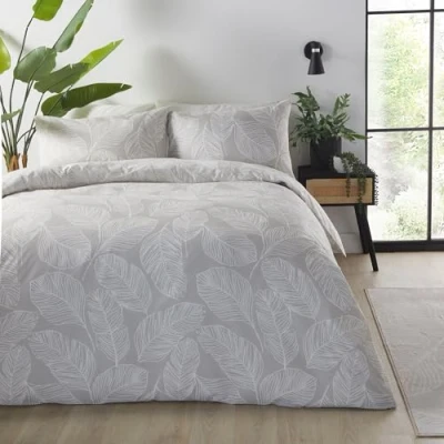 Image of Fusion Natural Leaf Duvet Cover King Bedding Size (230 x 220cm) Reversible Design (Natural &amp; White Colours) Linen Leaves Print Matteo Collection