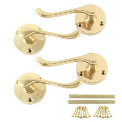 Image of 2 Pairs of Round 55mm Victorian Polished Brass Scroll Latch Handles Internal Door Lever