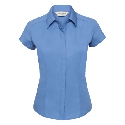 Image of Russell Athletic Womens Collection Ladies Cap Sleeve Polycotton Easy Care Fitted Poplin Shirt (Corporate Blue) Size Large