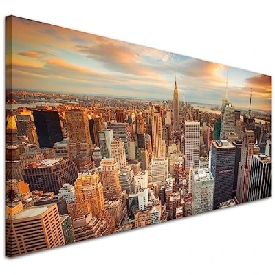 Image of Wallfillers New York Skyline Sunset Manhattan Picture Cityscape Canvas Wall Art Print 1202 118x49cm