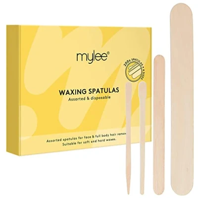 Image of Mylee Assorted Disposable Wooden Waxing Spatulas, Pack of 200, Smooth &amp; Natural Sticks, 4 Sizes for Precision Hair Removal, Soft or Hard Wax Applicator, Body, Face, Eyebrow, Legs, Bikini