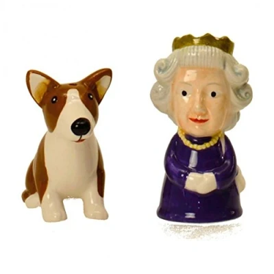 Image of British Queen and Corgi Salt Pepper Shakers Set of 2