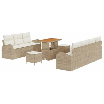 Image of vidaXL 10 Piece Garden Sofa Set with Cushions Beige Poly Rattan Acacia