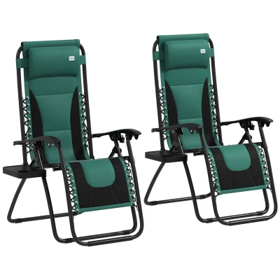 Image of Outsunny Zero Gravity Lounger Chair Set of 2, Folding Reclining Patio with Padded Seat, Cup Holder, Soft Cushion and Headrest for Poolside, Camping, Green
