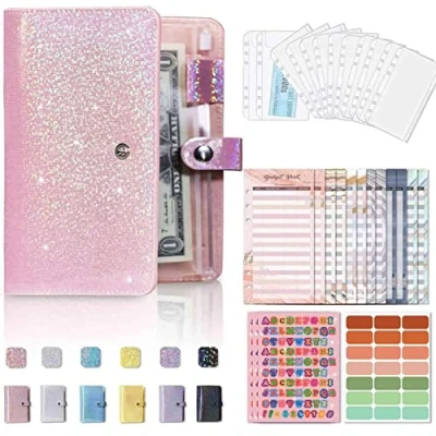 Image of Budget Binder/Money Saving Wallet for Cash Stuffing Savings/Budgeting, Small A6 6 Ring Book Planner Organiser PU Leather with Money Folder/Cash&amp;Bill Envelopes &amp; Expense Sheets, Pink