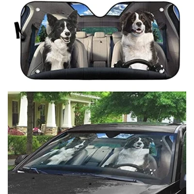 Image of Front Windshield Sun Shade Foldable Car Window Covers Block Uv Rays Windscreen Sunshades Universal For Suv Truck Border Collie Realistic Dog Lovers M
