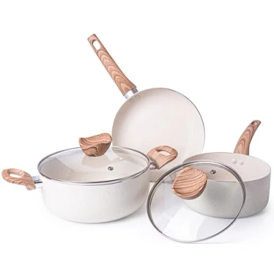 Image of Non Stick Pots and Pans Set Induction Hob 5pcs Kitchen Cookware with Lids Cooking Cream Granite Saucepan Frying by Nuovva