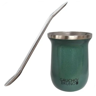 Image of Gaucho Bruno Stainless Steel Industrial Mate with Bombilla for Drinking Yerba Easy to Clean Comfortable Hold Keeps Warm Longer, Crinkle Green