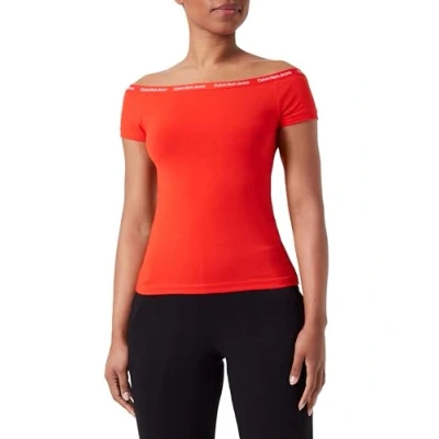 Image of Calvin Klein Jeans Women&#039;s Logo Elastic Bardot TOP J20J223098 Other Knit, Fiery Red, M