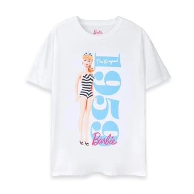 Image of Barbie Womens T Shirt Ladies Short Sleeve Graphic Tee in White The Original 1959 Doll Classic Logo Apparel Top Adults Nostalgic Toy Movie Series Merchandise Gift