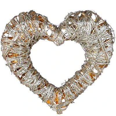 Image of WeRChristmas Pre Lit Silver Woven Rattan Warm White LED Heart Decoration with Dusting of Glitter, 38 cm Multi Colour