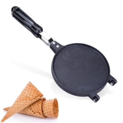 Image of Waffle Cone Maker,Non Stick Egg Roll Machine with Long Handle Aluminum Alloy Crepe Maker Ice Cream Cones Kitchen Baking Tool for Gas Stove