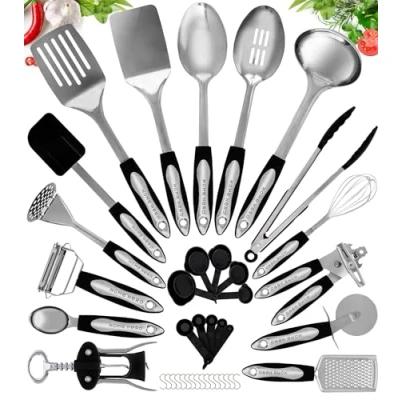 Image of Kitchen Utensils Set Non Stick Heat Resistant Cooking Spoons Turners Spatula Ladle Tools Gadgets Accessories (40 pcs Stainless Steel Set)