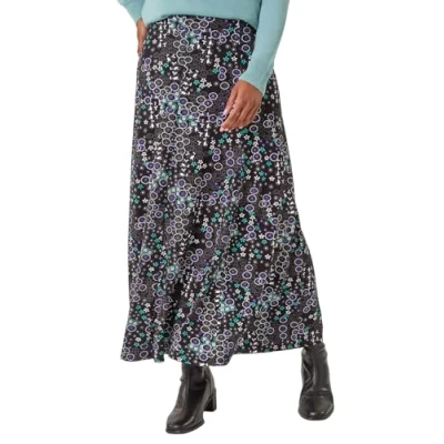 Image of Roman Originals Jersey Skirt for Women UK Ladies Midi Maxi Ditsy Floral Summer Spring Holiday Swing Shape Vacation Smart Casual Work Cocktail Party Going Out Blue Purple Size 14