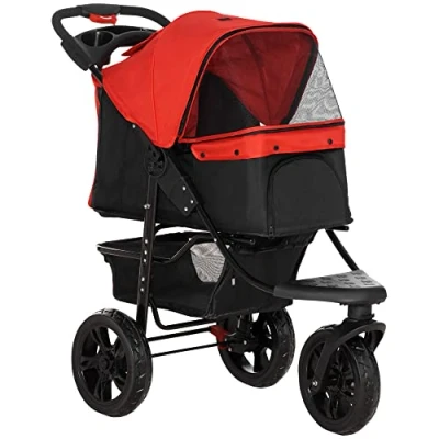Image of PawHut Dog Pram Stroller Pet Stroller, 3 Wheels Pushchair with Brake, for Small Miniature Dogs, Cats, Red
