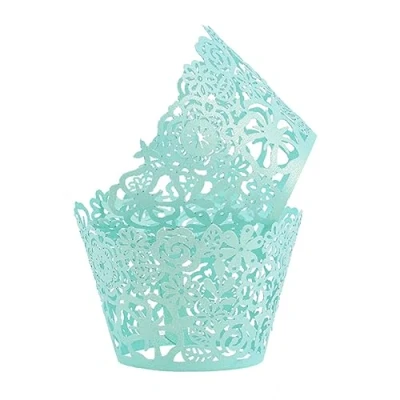 Image of Cupcake Wrappers Lace Figure Liners Laser Cut Papers Muffin Cups for Christmas/Wedding/Birthday Party Decoration, 50pcs (Tiffini Blue)