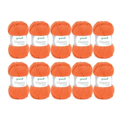 Image of Gründl Classico Value Pack 10 Balls of Hand Knitting Yarn, Virgin Wool (Merino Superwash), 50% Polyacrylic, Orange, 30 x 32 8 cm, 1200