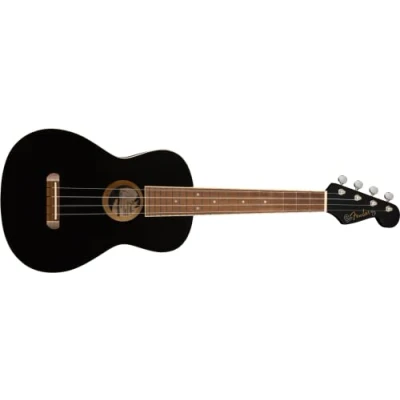 Image of Fender Avalon Tenor Ukulele for Adults and Kids, Basswood Construction, Walnut Fingerboard, Classic Stratocaster Headstock, in Black