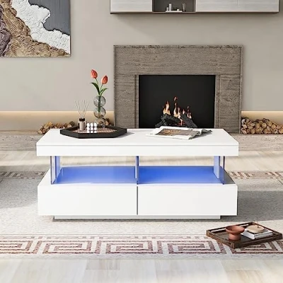 Image of LED Coffee Table Modern White High Gloss: Stylish Illuminated with 16 Colors Lights, 2 Drawers, and Open Storage Space Perfect for Office, Store, Living Room 100 * 60 49.5cm