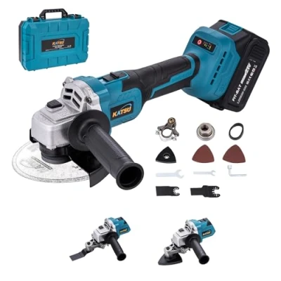 Image of KATSU FIT BAT 21V Brushless Cordless Angle Grinder 115mm 125mm with 3.0 Ah Battery and Charger &amp; Oscillating Multi Tool Adapter Attachment Kits for Grinding Cutting Polishing 102617B