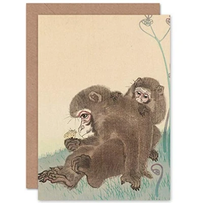 Image of Artery8 Ohara Koson Two Monkeys With Butterfly Painting Fine Art Greeting Card Plus Envelope Blank Inside