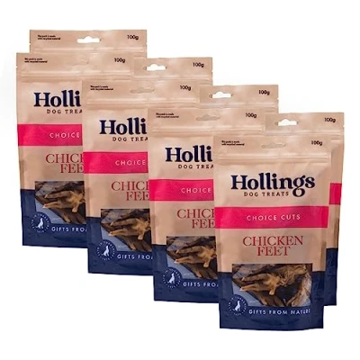 Image of Hollings Chicken Feet Dog Treats, 100% Natural &amp; Crunchy Treats for Adult Dogs, Grain Free High in Protein 100g (Pack of 8)