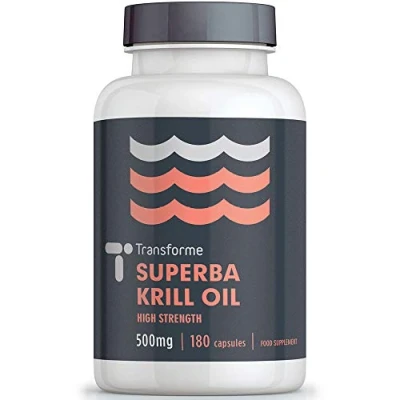Image of Antarctic Red Krill Oil Capsules High Strength 1000mg, 2 Capsule Serving, 180 500mg Superba Capsules, Omega 3 Fatty Acids EPA and DHA with Astaxanthin Choline, by Transforme