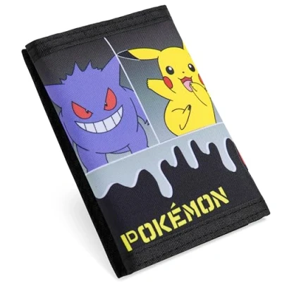 Image of Pokemon Kids Trifold Wallet with Zipped Coin Compartment and Clear ID Pocket (Black/Multi)