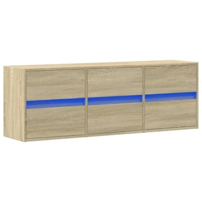 Image of vidaXL TV Wall Cabinet with RGB LED Lights Engineered Wood, Sonoma Oak 6 Drawer Floating Unit, 130x31x45 cm Space Saving Living Room Storage
