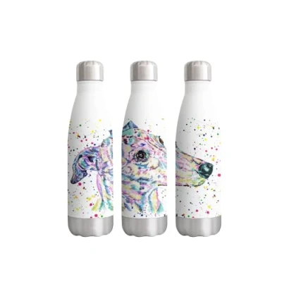 Image of Vixar Greyhound Racing Dog Pet Watercolour Rainbow Art Bottle Double Wall Insulated Stainless Steel Sport Drinks 500ml White Gift Ideal for School Work Office Oudoor Sports Keeps Hot and Cold
