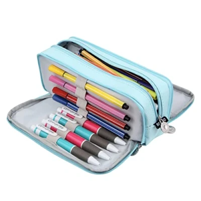 Image of Chelory Big Pencil Case Large Capacity Cases High Storage Bag Pouch Office Organizer for Boys Girls School Makeup Men Women Adults, Ice Blue