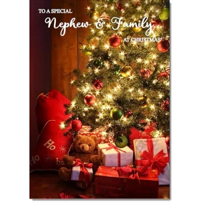 Image of doodlecards Nephew and Family Christmas Card Teddy by Tree Large A4 Size for &amp; with Plain Envelope