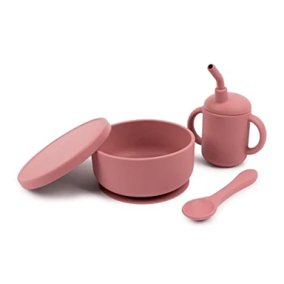 Image of Tiny Dining Baby Feeding Set Dusty Rose 3pc Silicone with Divided Suction Bowl, Sippy Cup and Weaning Spoon for Babies, Toddlers &amp; Kids