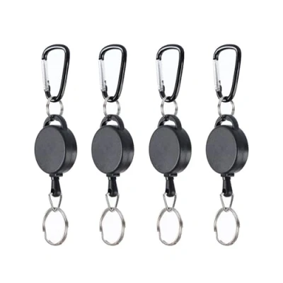 Image of PMELCXD Retractable Key Chain, Heavy Duty Carabiner Holder, 4 Pcs Reel, Extendable Keychain with 60cm Steel Wire Rope for Id Name Card Keychain, Black