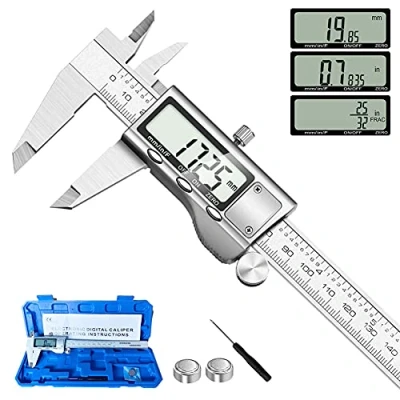 Image of Digital Caliper Measuring Tool, Stainless Steel Vernier Micrometer with Large LCD Screen, Easy Switch from Inch Metric Fraction, 6 Tool for DIY/Household
