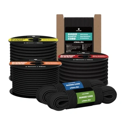 Image of Kamu Synber Bungee Cord 6mm x 10m Elastic Shock Rope for Tarpaulin, Kayak, Tie Down, Camping Black