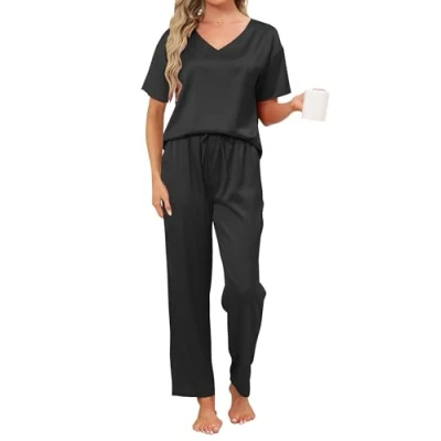 Image of Reliwel Silk Pyjamas for Women Women&#039;s Pyjama Sets V Neck Short Sleeve Shirt Pjs with Long Pajama Pants Soft Loungewear two Piece Ladies All Seasons S 2XL Black