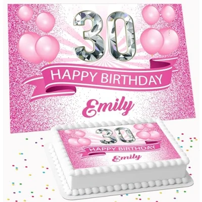 Image of PINK GLITTER HAPPY BIRTHDAY PERSONALISED ICING EDIBLE COSTCO CAKE TOPPER DECORATION R2 1735