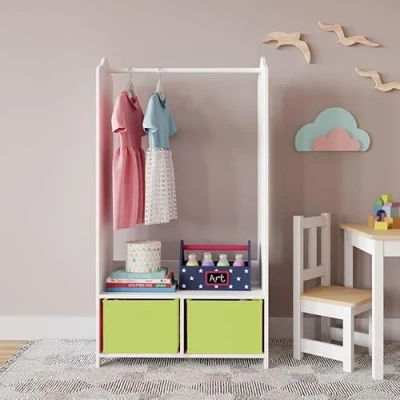 Image of URBNLIVING Kids MDF Wooden Hanging Clothes Rail Wardrobe Storage Shelves with Inserts Mirror Freestanding (Green)